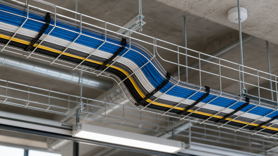 Clean structured cable runs in an office utility area
