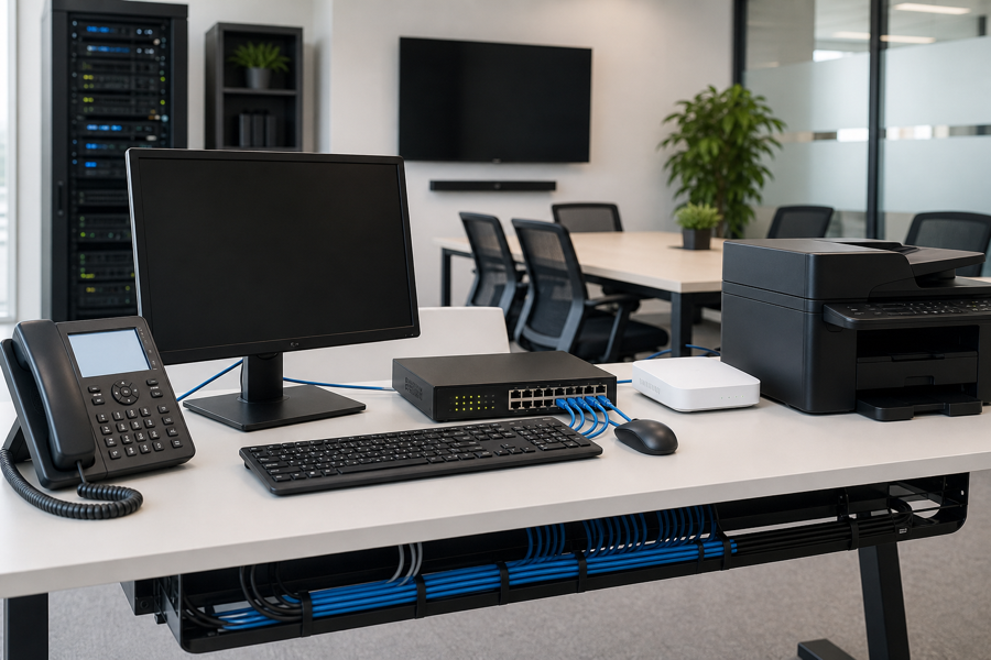 Office IT equipment and workstation setup with tidy cabling