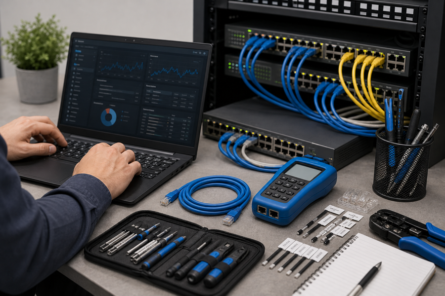 IT support workstation with diagnostics tools and network testing equipment
