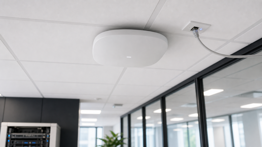 Enterprise Wi-Fi access point installed in a modern office ceiling